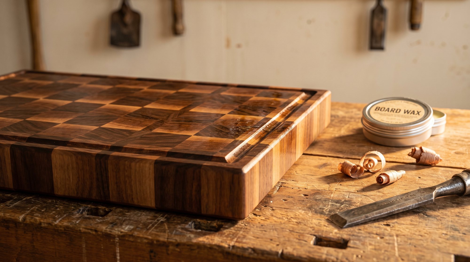 Finished walnut end-grain cutting board on the workbench, fresh oil catching warm light